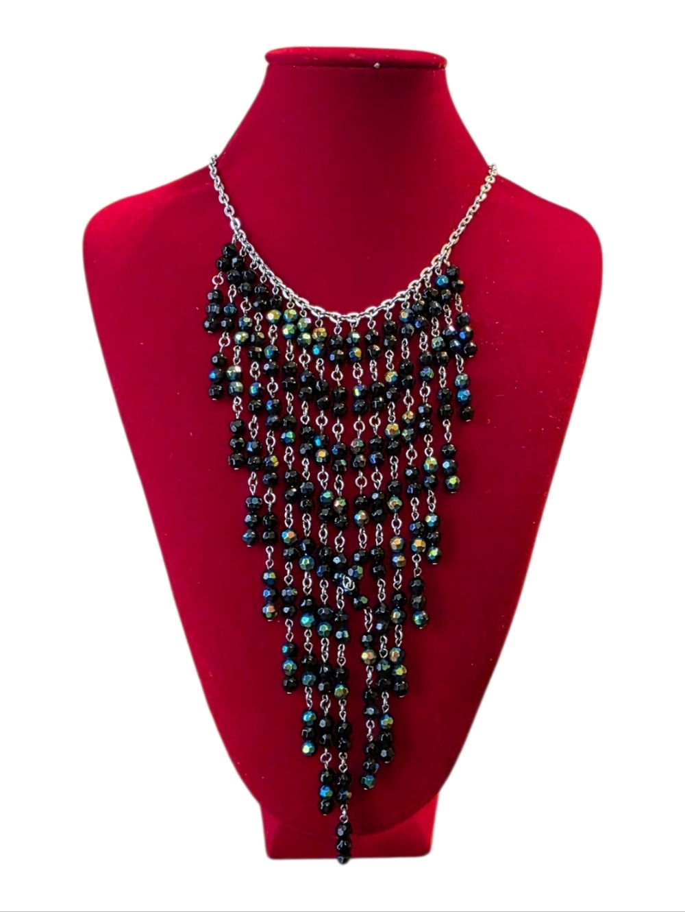 Iridescent Beaded Fringe Bib Multi-Faceted Beads Silver Chain Statement Necklace